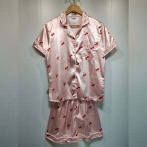 Valentine’s Cherry Pajama Set Pink Small Poly‎ Fabric Repurpose Craft Material